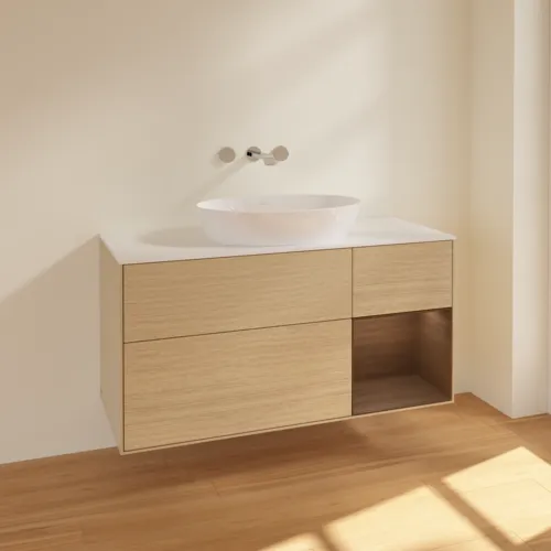 VILLEROY BOCH Finion Waschbeckenunterschrank, mit Beleuchtung, 3 Auszüge, 1200 x 603 x 501 mm, Oak Veneer / Walnut Veneer / Glass White Matt #FA71GNPC, Bild 2