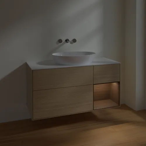 VILLEROY BOCH Finion Waschbeckenunterschrank, mit Beleuchtung, 3 Auszüge, 1200 x 603 x 501 mm, Oak Veneer / Walnut Veneer / Glass White Matt #FA71GNPC, Bild 5