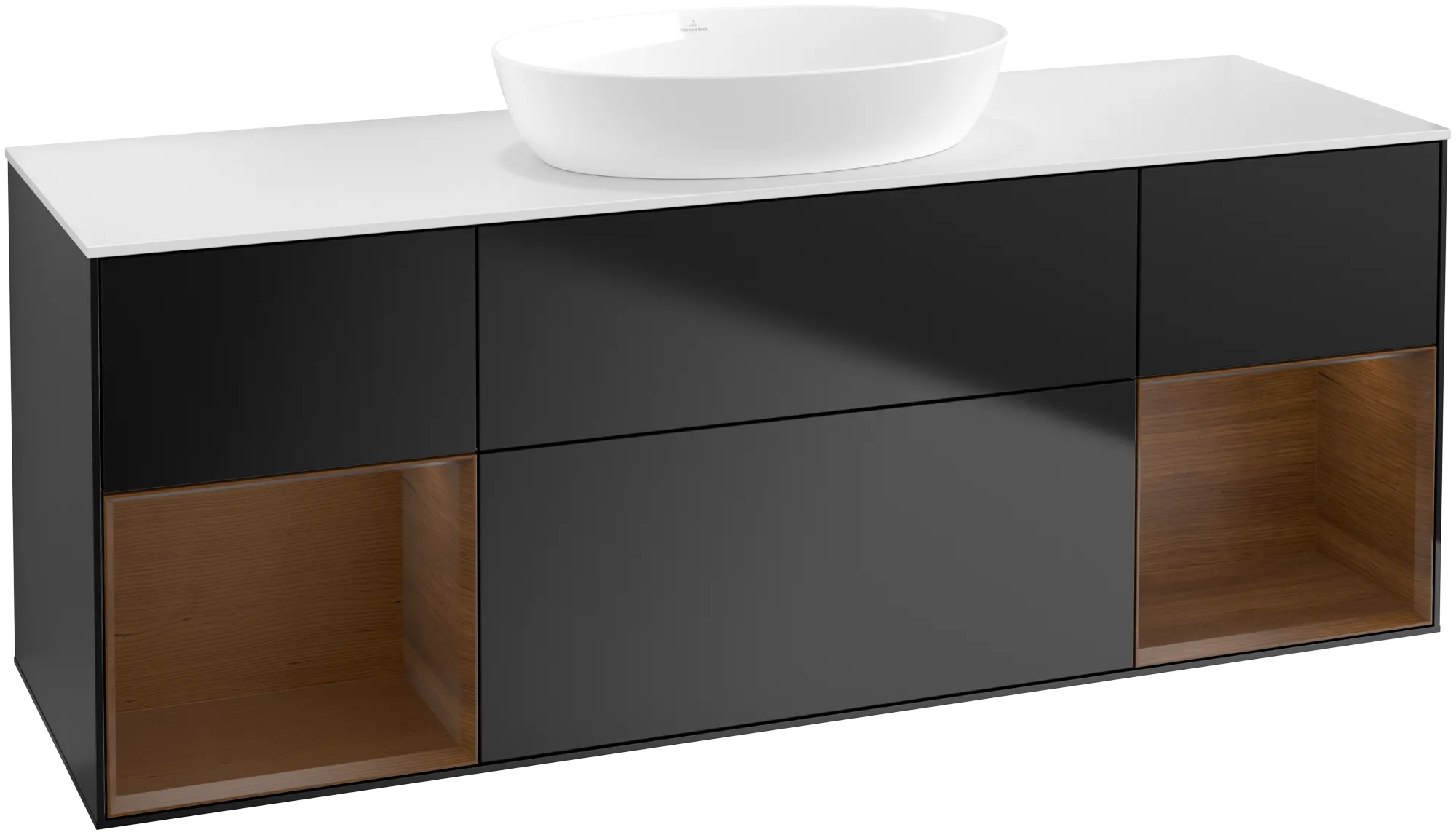 Picture of VILLEROY BOCH Finion Vanity unit, with lighting, 4 pull-out compartments, 1600 x 603 x 501 mm, Black Matt Lacquer / Walnut Veneer / Glass White Matt #FD01GNPD