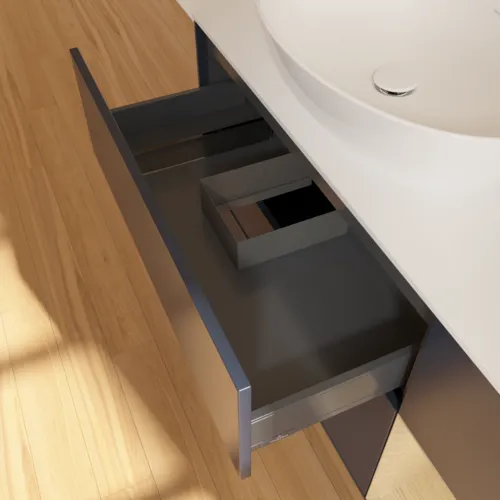 VILLEROY BOCH Finion Waschbeckenunterschrank, mit Beleuchtung, 3 Auszüge, 1200 x 603 x 501 mm, Midnight Blue Matt Lacquer / Oak Veneer / Glass White Matt #FA51PCHG, Bild 8