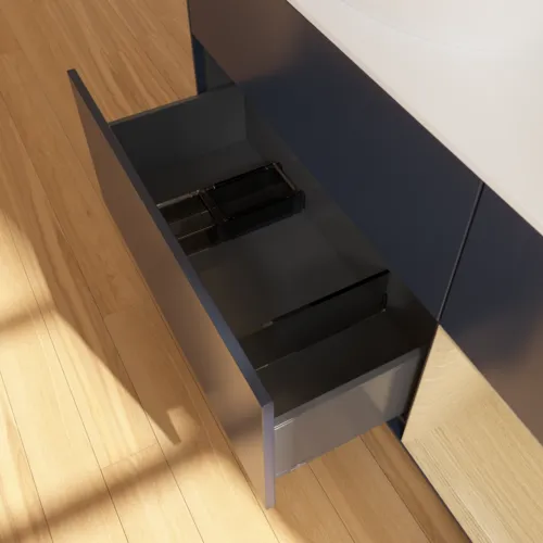VILLEROY BOCH Finion Waschbeckenunterschrank, mit Beleuchtung, 3 Auszüge, 1200 x 603 x 501 mm, Midnight Blue Matt Lacquer / Oak Veneer / Glass White Matt #FA51PCHG, Bild 7