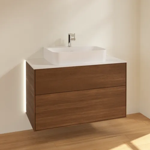 Bild von VILLEROY BOCH Finion Waschbeckenunterschrank, mit Beleuchtung, 2 Auszüge, 1000 x 603 x 501 mm, Walnut Veneer / Glass White Matt #G10100GN
