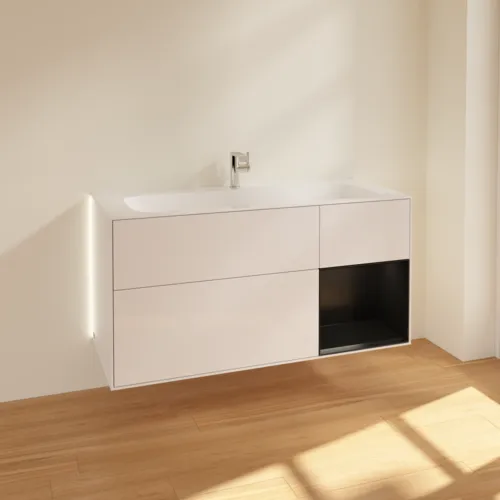 Bild von VILLEROY BOCH Finion Waschbeckenunterschrank, mit Beleuchtung, 3 Auszüge, 1196 x 591 x 498 mm, Glossy White Lacquer / Black Matt Lacquer #G070PDGF