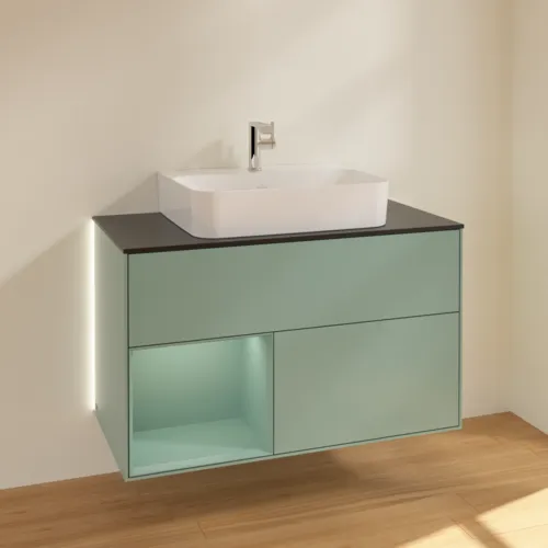 Bild von VILLEROY BOCH Finion Waschbeckenunterschrank, mit Beleuchtung, 2 Auszüge, 1000 x 603 x 501 mm, Olive Matt Lacquer / Olive Matt Lacquer / Glass Black Matt #G112GMGM
