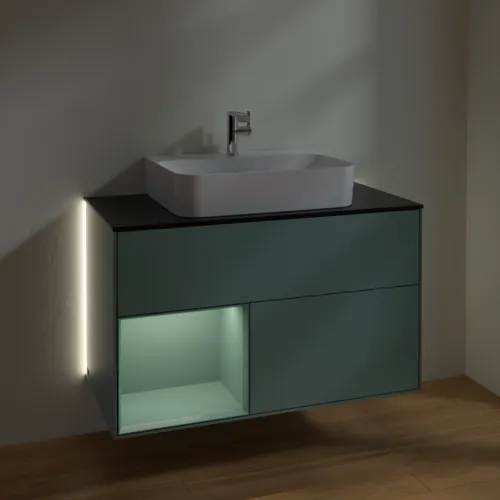 Bild von VILLEROY BOCH Finion Waschbeckenunterschrank, mit Beleuchtung, 2 Auszüge, 1000 x 603 x 501 mm, Olive Matt Lacquer / Olive Matt Lacquer / Glass Black Matt #G112GMGM