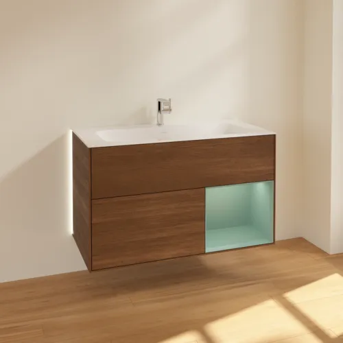 Bild von VILLEROY BOCH Finion Waschbeckenunterschrank, mit Beleuchtung, 2 Auszüge, 996 x 591 x 498 mm, Walnut Veneer / Olive Matt Lacquer #G040GMGN