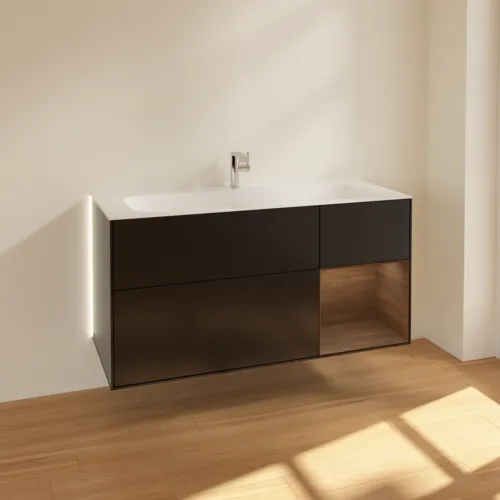 Bild von VILLEROY BOCH Finion Waschbeckenunterschrank, mit Beleuchtung, 3 Auszüge, 1196 x 591 x 498 mm, Black Matt Lacquer / Walnut Veneer #G070GNPD