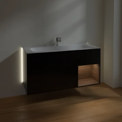 Bild von VILLEROY BOCH Finion Waschbeckenunterschrank, mit Beleuchtung, 3 Auszüge, 1196 x 591 x 498 mm, Black Matt Lacquer / Walnut Veneer #G070GNPD