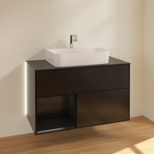 Bild von VILLEROY BOCH Finion Waschbeckenunterschrank, mit Beleuchtung, 2 Auszüge, 1000 x 603 x 501 mm, Black Matt Lacquer / Black Matt Lacquer / Glass Black Matt #G112PDPD