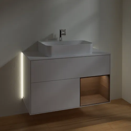 VILLEROY BOCH Finion Waschbeckenunterschrank, mit Beleuchtung, 2 Auszüge, 1000 x 603 x 501 mm, Glossy White Lacquer / Walnut Veneer / Glass White Matt #G121GNGF, Bild 3