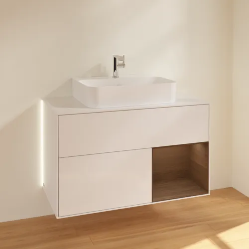 VILLEROY BOCH Finion Waschbeckenunterschrank, mit Beleuchtung, 2 Auszüge, 1000 x 603 x 501 mm, Glossy White Lacquer / Walnut Veneer / Glass White Matt #G121GNGF, Bild 2