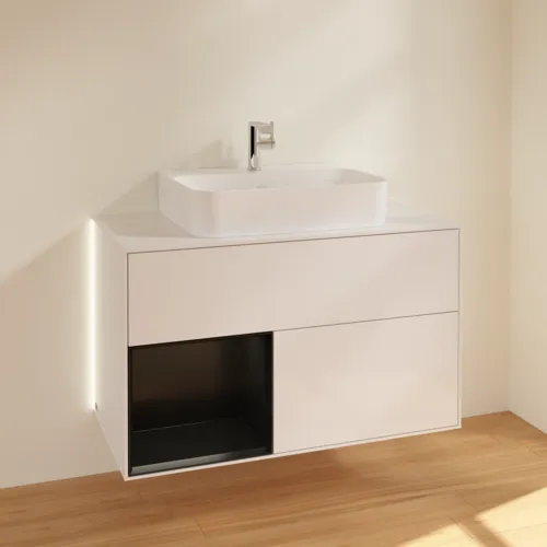 VILLEROY BOCH Finion Waschbeckenunterschrank, mit Beleuchtung, 2 Auszüge, 1000 x 603 x 501 mm, Glossy White Lacquer / Black Matt Lacquer / Glass White Matt #G111PDGF, Bild 2