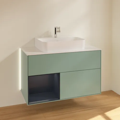 Bild von VILLEROY BOCH Finion Waschbeckenunterschrank, mit Beleuchtung, 2 Auszüge, 1000 x 603 x 501 mm, Olive Matt Lacquer / Midnight Blue Matt Lacquer / Glass White Matt #G111HGGM