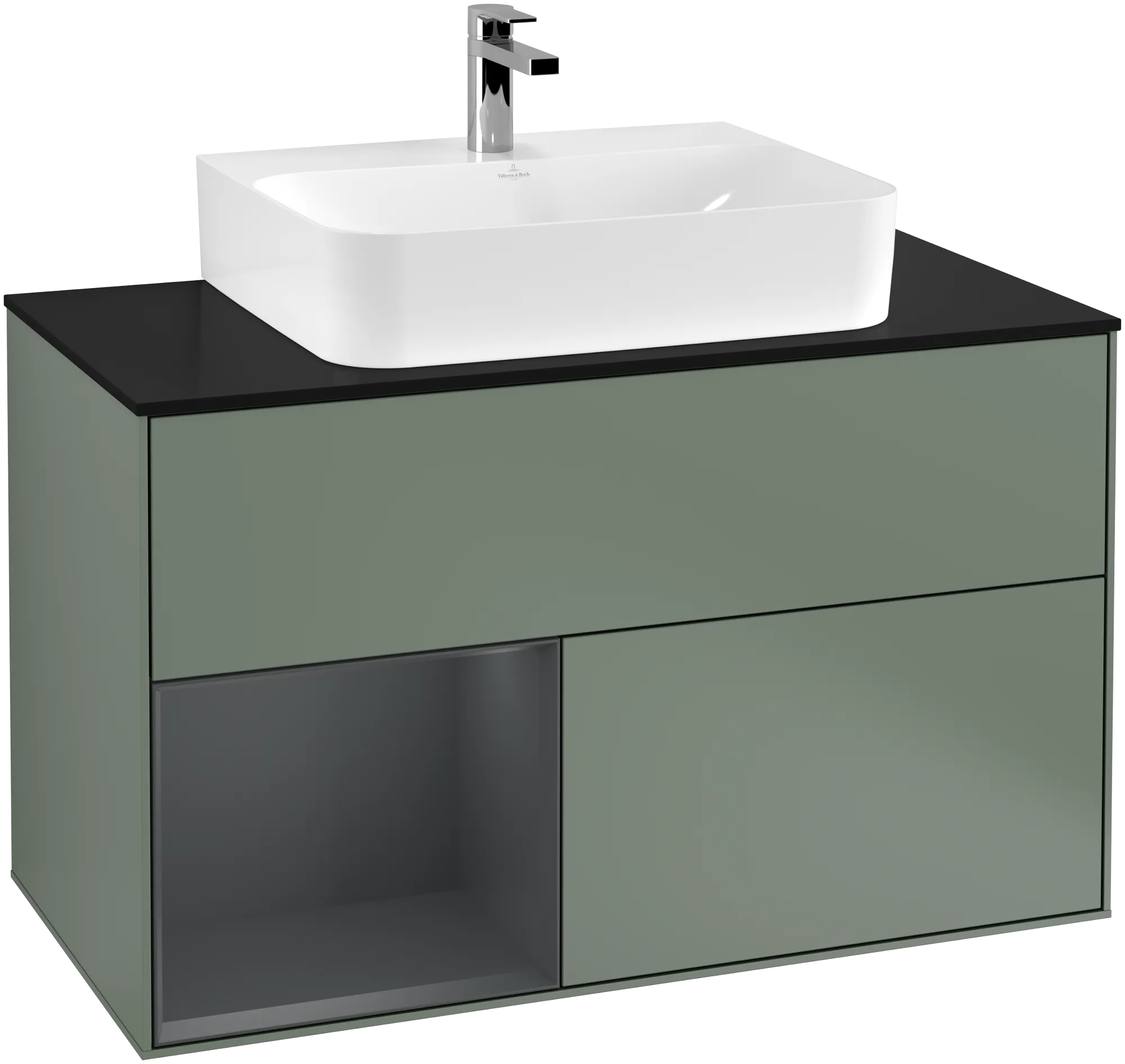 Picture of VILLEROY BOCH Finion Vanity unit, with lighting, 2 pull-out compartments, 1000 x 603 x 501 mm, Olive Matt Lacquer / Midnight Blue Matt Lacquer / Glass Black Matt #G112HGGM