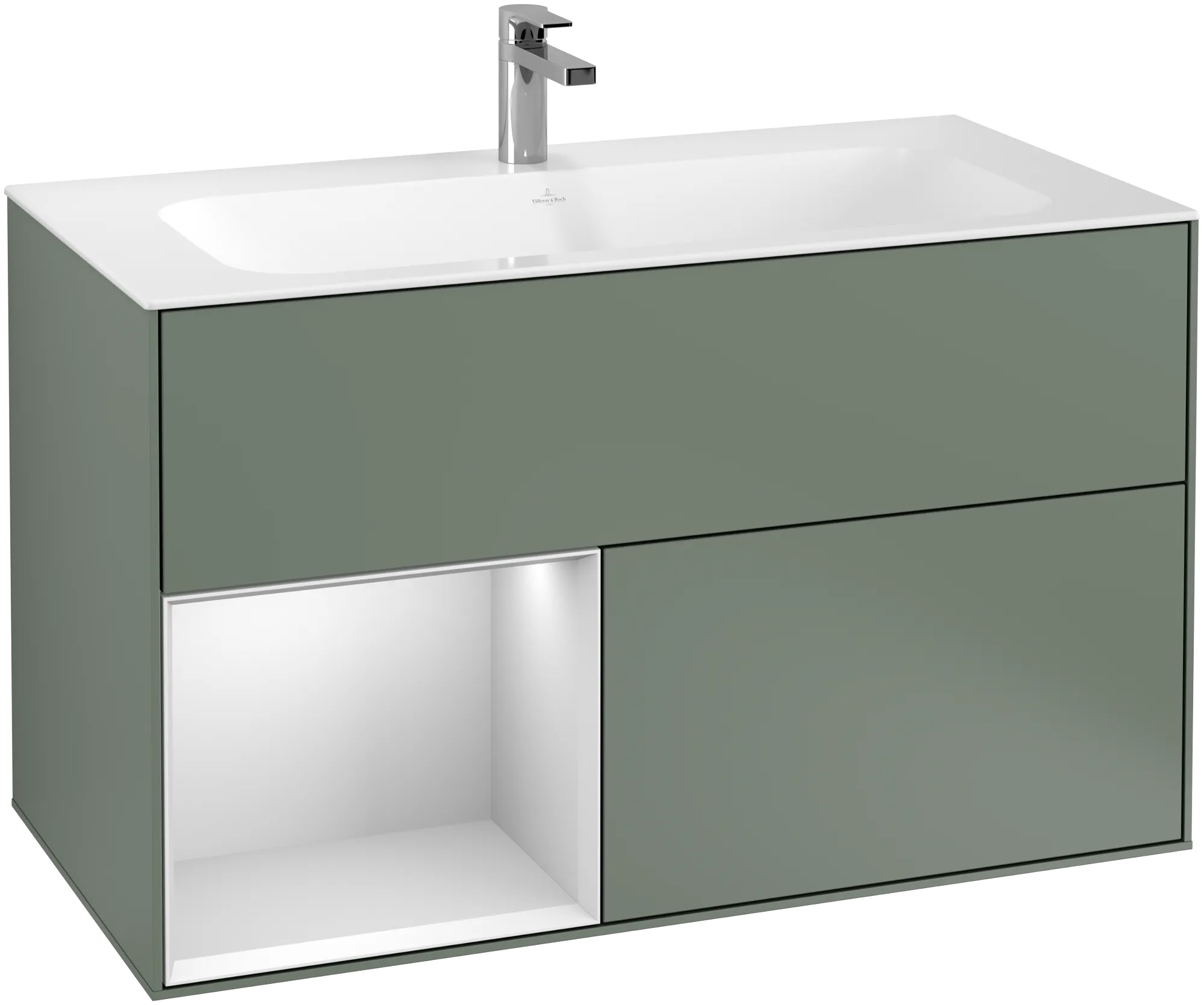 Зображення з  VILLEROY BOCH Finion Vanity unit, with lighting, 2 pull-out compartments, 996 x 591 x 498 mm, Olive Matt Lacquer / White Matt Lacquer #G030MTGM