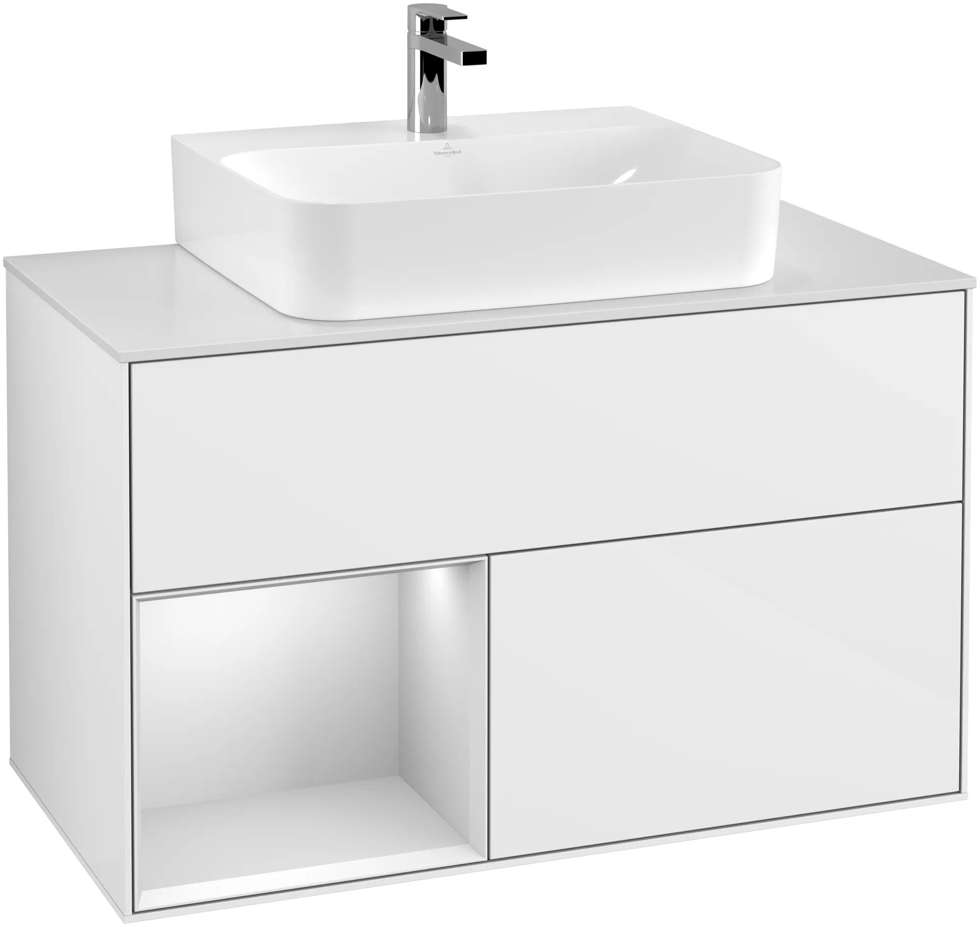 Зображення з  VILLEROY BOCH Finion Vanity unit, with lighting, 2 pull-out compartments, 1000 x 603 x 501 mm, Glossy White Lacquer / White Matt Lacquer / Glass White Matt #G111MTGF