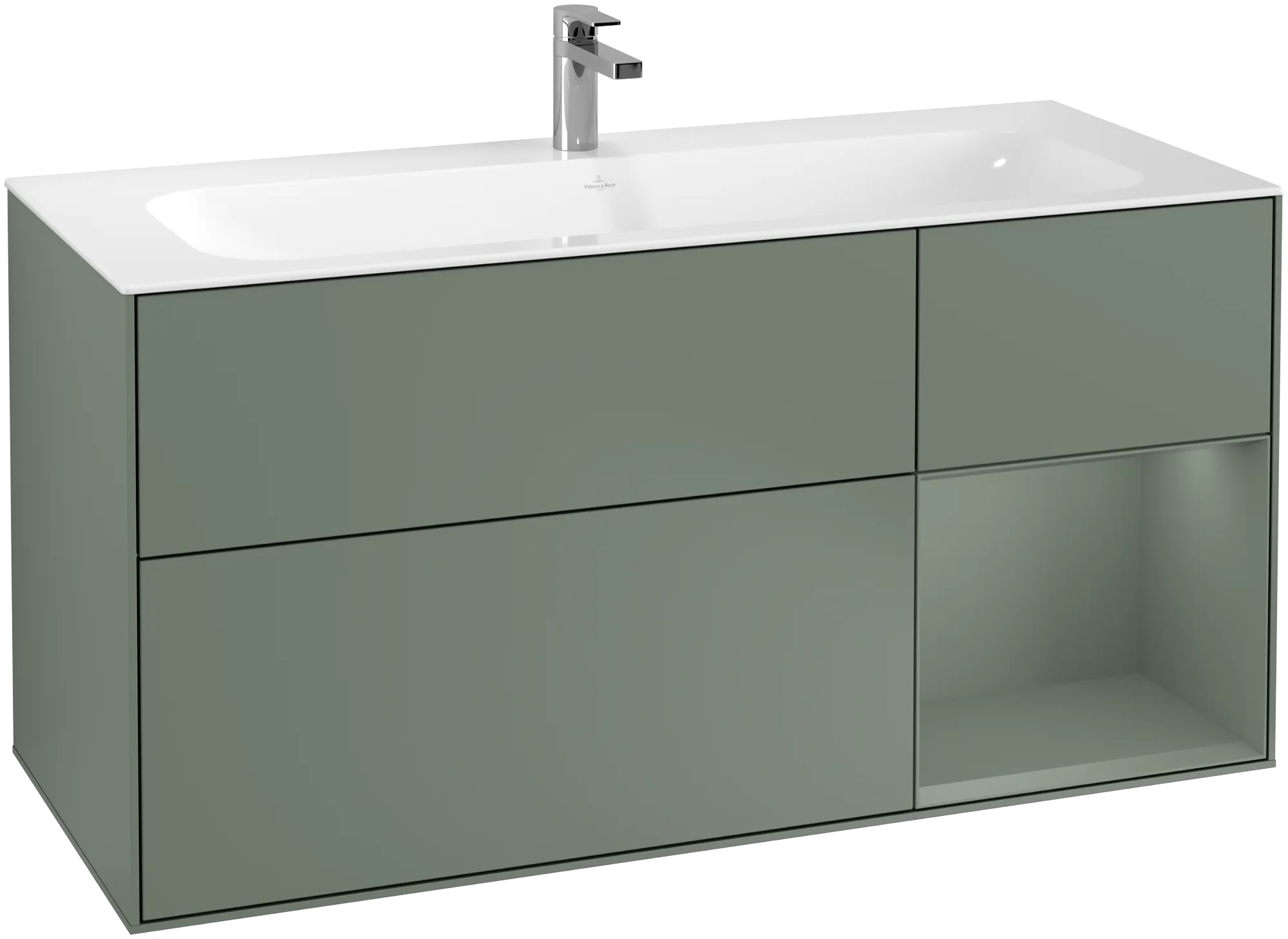 Зображення з  VILLEROY BOCH Finion Vanity unit, with lighting, 3 pull-out compartments, 1196 x 591 x 498 mm, Olive Matt Lacquer / Olive Matt Lacquer #G070GMGM