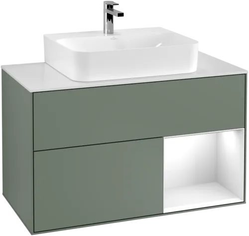 VILLEROY BOCH Finion Vanity unit, with lighting, 2 pull-out compartments, 1000 x 603 x 501 mm, Olive Matt Lacquer / Glossy White Lacquer / Glass White Matt #G121GFGM resmi
