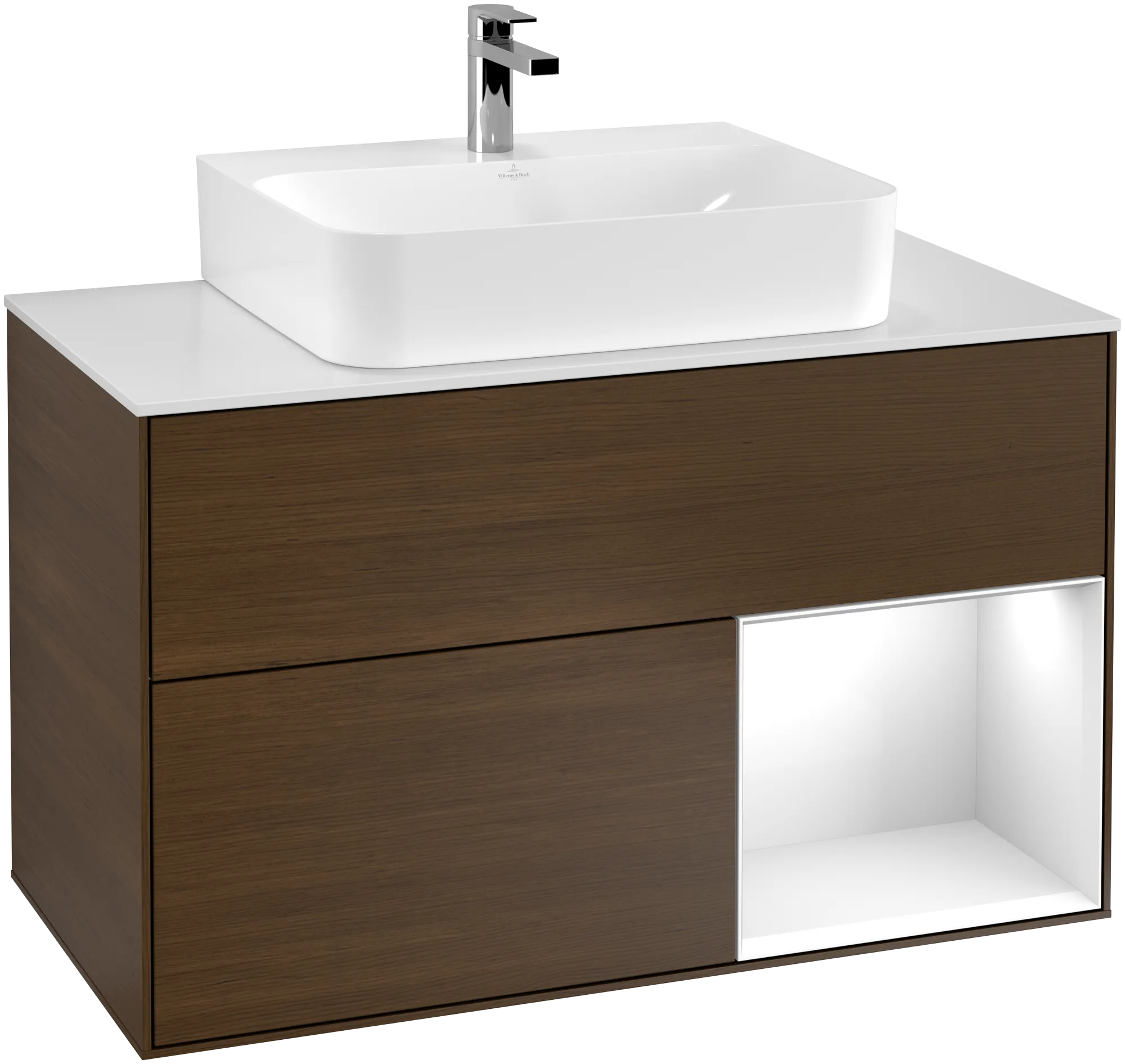 VILLEROY BOCH Finion Vanity unit, with lighting, 2 pull-out compartments, 1000 x 603 x 501 mm, Walnut Veneer / Glossy White Lacquer / Glass White Matt #G121GFGN resmi