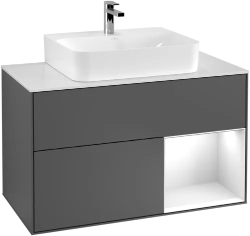 VILLEROY BOCH Finion Vanity unit, with lighting, 2 pull-out compartments, 1000 x 603 x 501 mm, Anthracite Matt Lacquer / Glossy White Lacquer / Glass White Matt #G121GFGK resmi