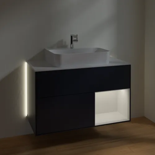 VILLEROY BOCH Finion Waschbeckenunterschrank, mit Beleuchtung, 2 Auszüge, 1000 x 603 x 501 mm, Midnight Blue Matt Lacquer / Glossy White Lacquer / Glass White Matt #G121GFHG, Bild 3