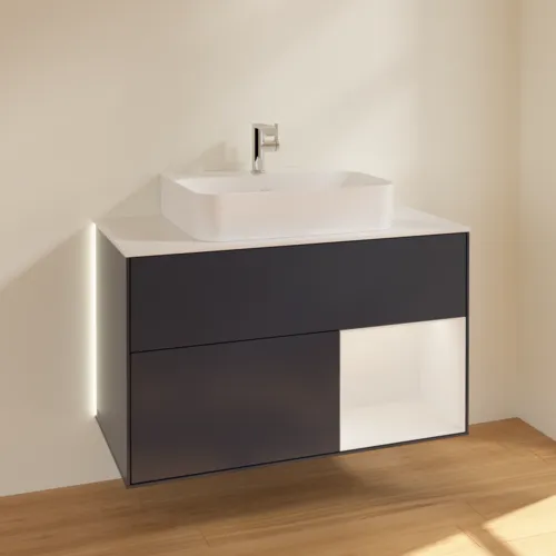 VILLEROY BOCH Finion Waschbeckenunterschrank, mit Beleuchtung, 2 Auszüge, 1000 x 603 x 501 mm, Midnight Blue Matt Lacquer / Glossy White Lacquer / Glass White Matt #G121GFHG, Bild 2