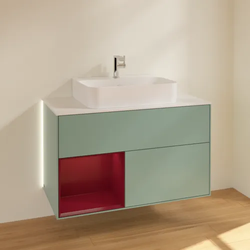 VILLEROY BOCH Finion Waschbeckenunterschrank, mit Beleuchtung, 2 Auszüge, 1000 x 603 x 501 mm, Olive Matt Lacquer / Peony Matt Lacquer / Glass White Matt #G111HBGM, Bild 2