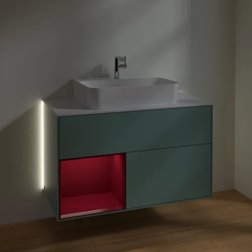 VILLEROY BOCH Finion Waschbeckenunterschrank, mit Beleuchtung, 2 Auszüge, 1000 x 603 x 501 mm, Olive Matt Lacquer / Peony Matt Lacquer / Glass White Matt #G111HBGM, Bild 3