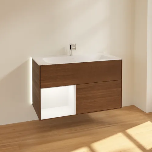 Bild von VILLEROY BOCH Finion Waschbeckenunterschrank, mit Beleuchtung, 2 Auszüge, 996 x 591 x 498 mm, Walnut Veneer / Black Matt Lacquer #G030PDGN