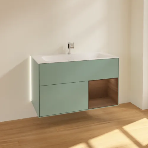Bild von VILLEROY BOCH Finion Waschbeckenunterschrank, mit Beleuchtung, 2 Auszüge, 996 x 591 x 498 mm, Olive Matt Lacquer / Walnut Veneer #G040GNGM