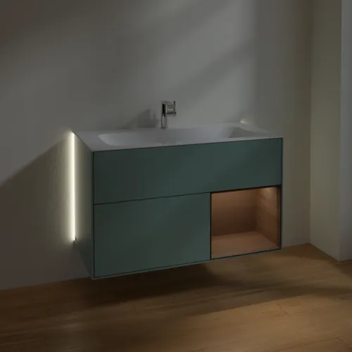 Bild von VILLEROY BOCH Finion Waschbeckenunterschrank, mit Beleuchtung, 2 Auszüge, 996 x 591 x 498 mm, Olive Matt Lacquer / Walnut Veneer #G040GNGM