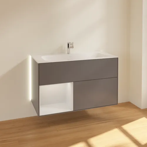 Bild von VILLEROY BOCH Finion Waschbeckenunterschrank, mit Beleuchtung, 2 Auszüge, 996 x 591 x 498 mm, Anthracite Matt Lacquer / Glossy White Lacquer #G030GFGK