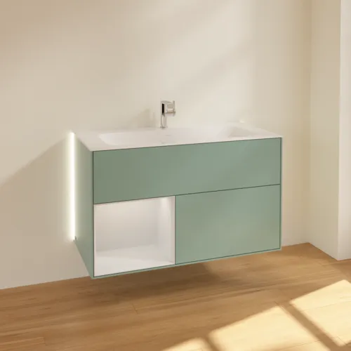 Bild von VILLEROY BOCH Finion Waschbeckenunterschrank, mit Beleuchtung, 2 Auszüge, 996 x 591 x 498 mm, Olive Matt Lacquer / Glossy White Lacquer #G030GFGM