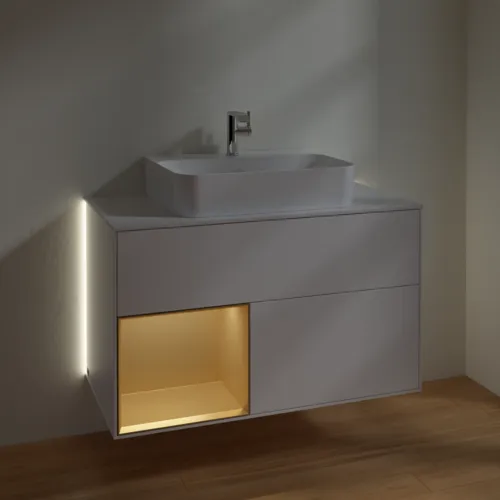 VILLEROY BOCH Finion Waschbeckenunterschrank, mit Beleuchtung, 2 Auszüge, 1000 x 603 x 501 mm, White Matt Lacquer / Gold Matt Lacquer / Glass White Matt #G111HFMT, Bild 3
