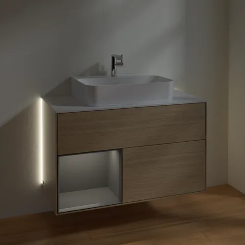 Bild von VILLEROY BOCH Finion Waschbeckenunterschrank, mit Beleuchtung, 2 Auszüge, 1000 x 603 x 501 mm, Oak Veneer / Anthracite Matt Lacquer / Glass White Matt #G111GKPC