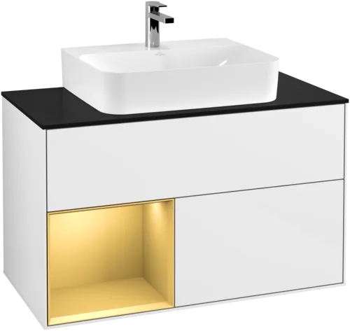 Зображення з  VILLEROY BOCH Finion Vanity unit, with lighting, 2 pull-out compartments, 1000 x 603 x 501 mm, Glossy White Lacquer / Gold Matt Lacquer / Glass Black Matt #G112HFGF