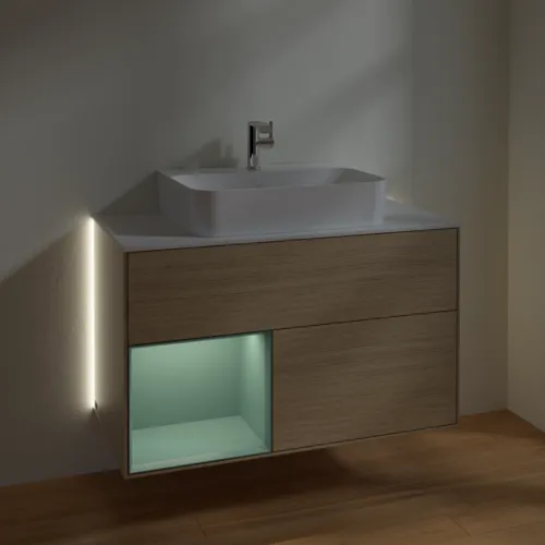 Bild von VILLEROY BOCH Finion Waschbeckenunterschrank, mit Beleuchtung, 2 Auszüge, 1000 x 603 x 501 mm, Oak Veneer / Olive Matt Lacquer / Glass White Matt #G111GMPC