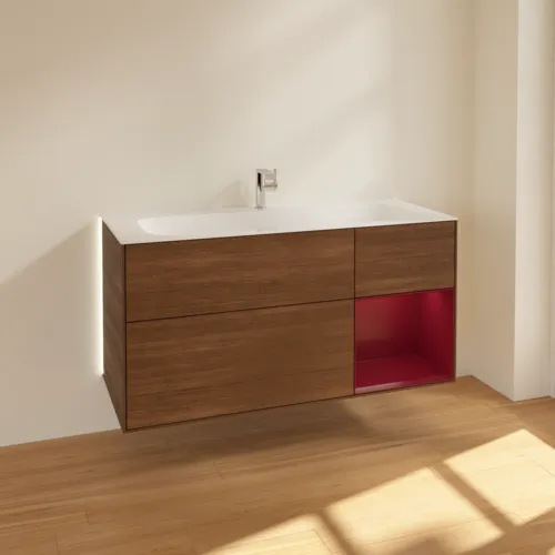 Bild von VILLEROY BOCH Finion Waschbeckenunterschrank, mit Beleuchtung, 3 Auszüge, 1196 x 591 x 498 mm, Walnut Veneer / Peony Matt Lacquer #G070HBGN