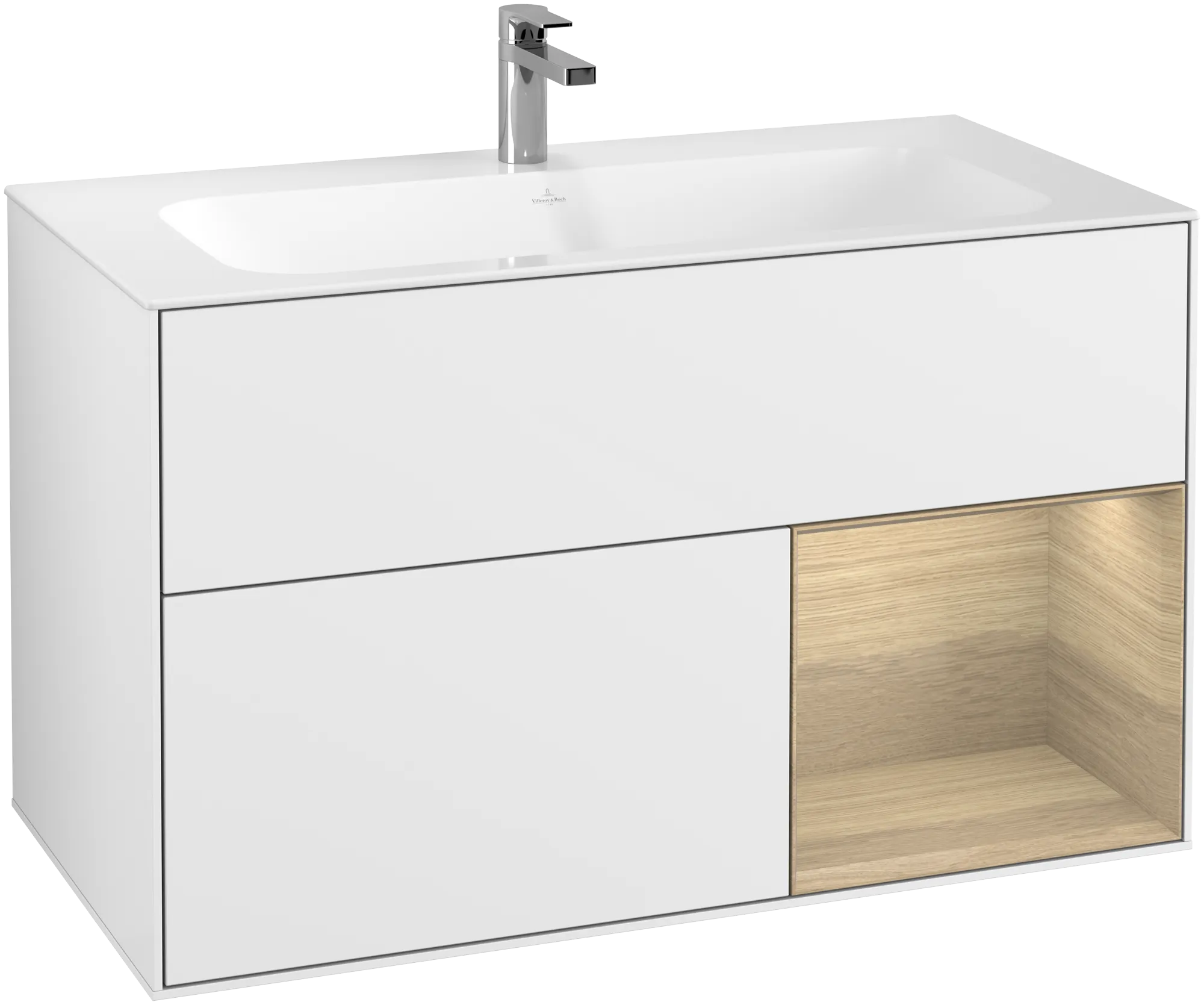 Picture of VILLEROY BOCH Finion Vanity unit, with lighting, 2 pull-out compartments, 996 x 591 x 498 mm, Glossy White Lacquer / Oak Veneer #G040PCGF