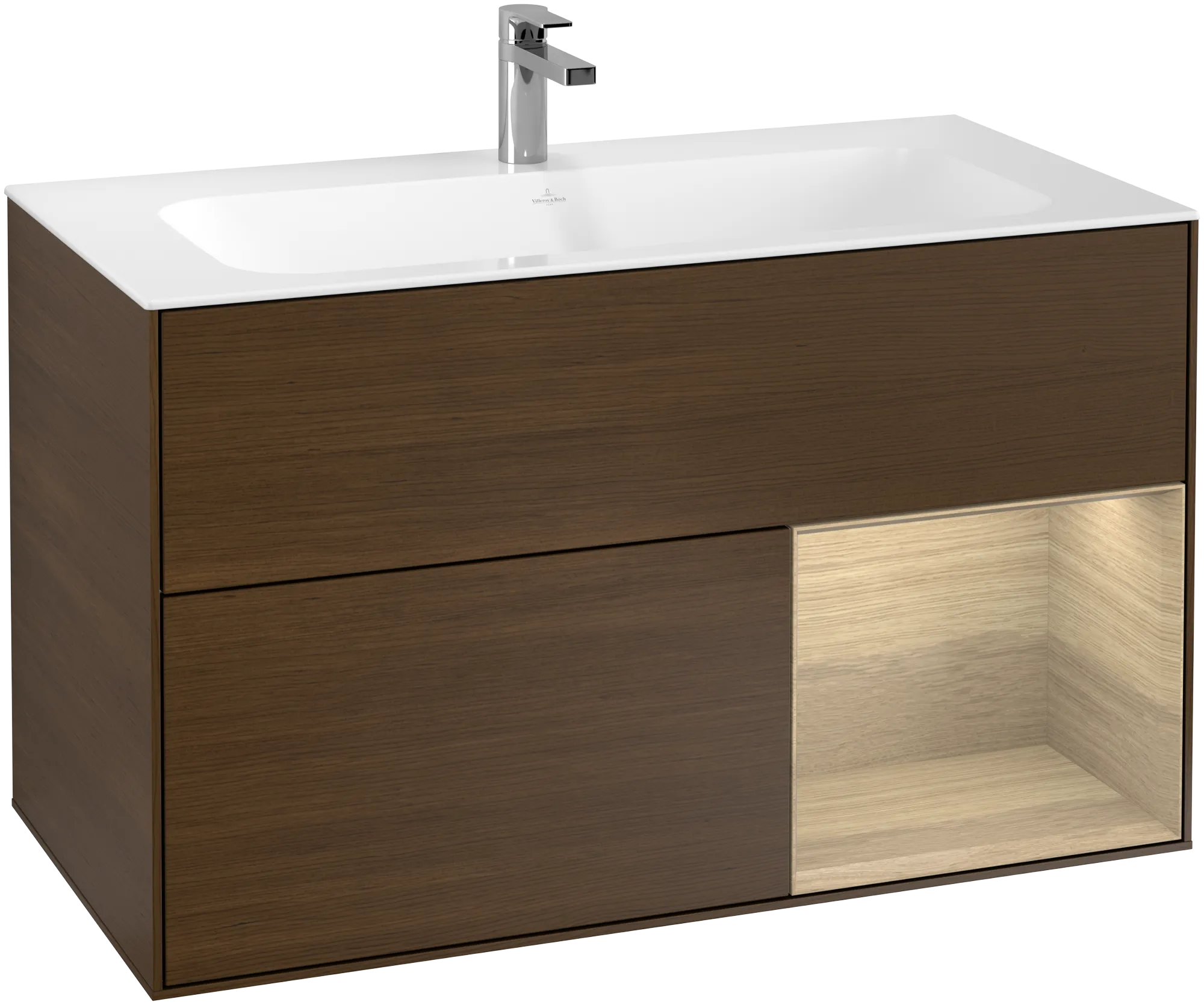 Picture of VILLEROY BOCH Finion Vanity unit, with lighting, 2 pull-out compartments, 996 x 591 x 498 mm, Walnut Veneer / Oak Veneer #G040PCGN