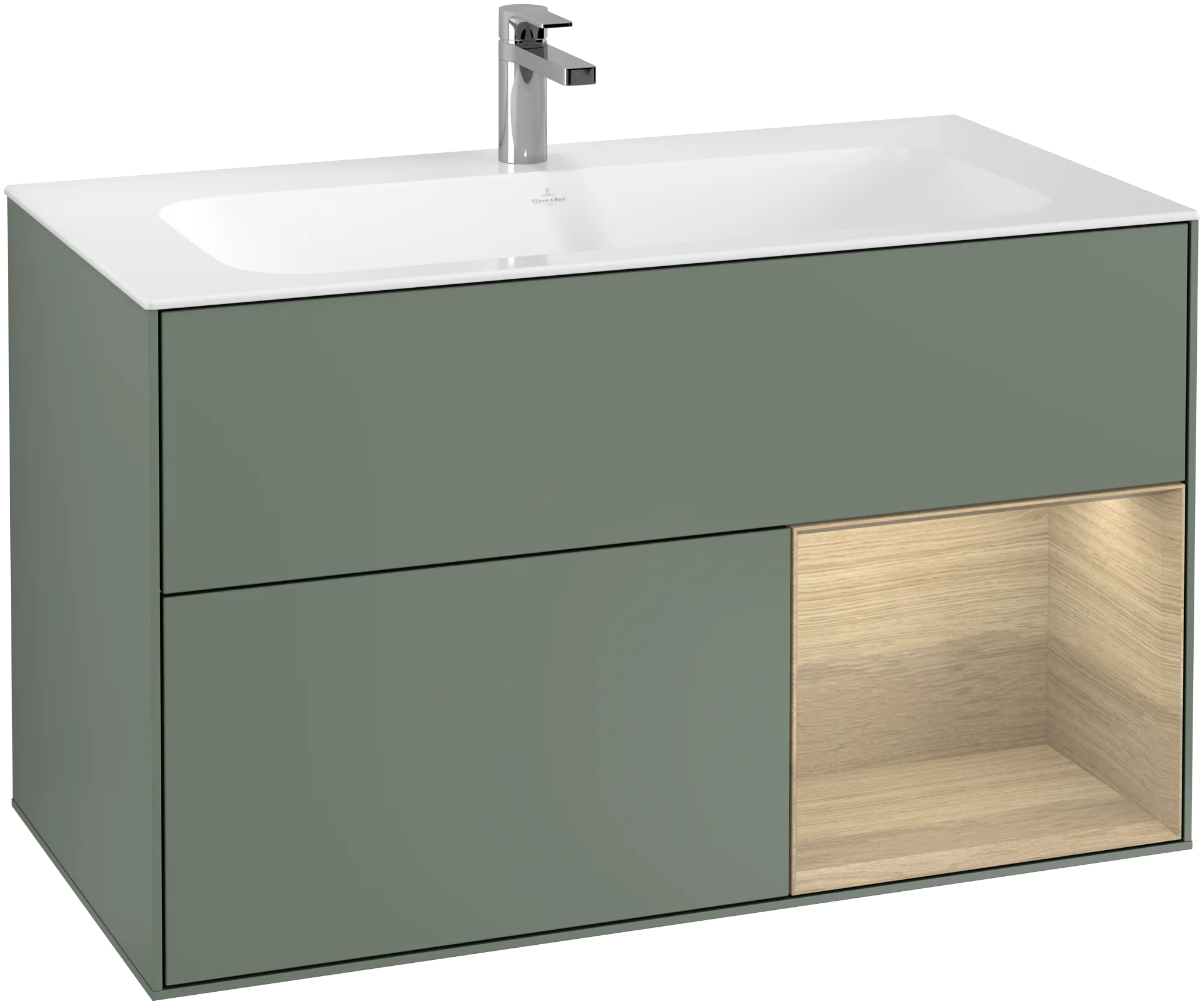 Picture of VILLEROY BOCH Finion Vanity unit, with lighting, 2 pull-out compartments, 996 x 591 x 498 mm, Olive Matt Lacquer / Oak Veneer #G040PCGM