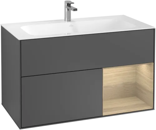 Picture of VILLEROY BOCH Finion Vanity unit, with lighting, 2 pull-out compartments, 996 x 591 x 498 mm, Anthracite Matt Lacquer / Oak Veneer #G040PCGK
