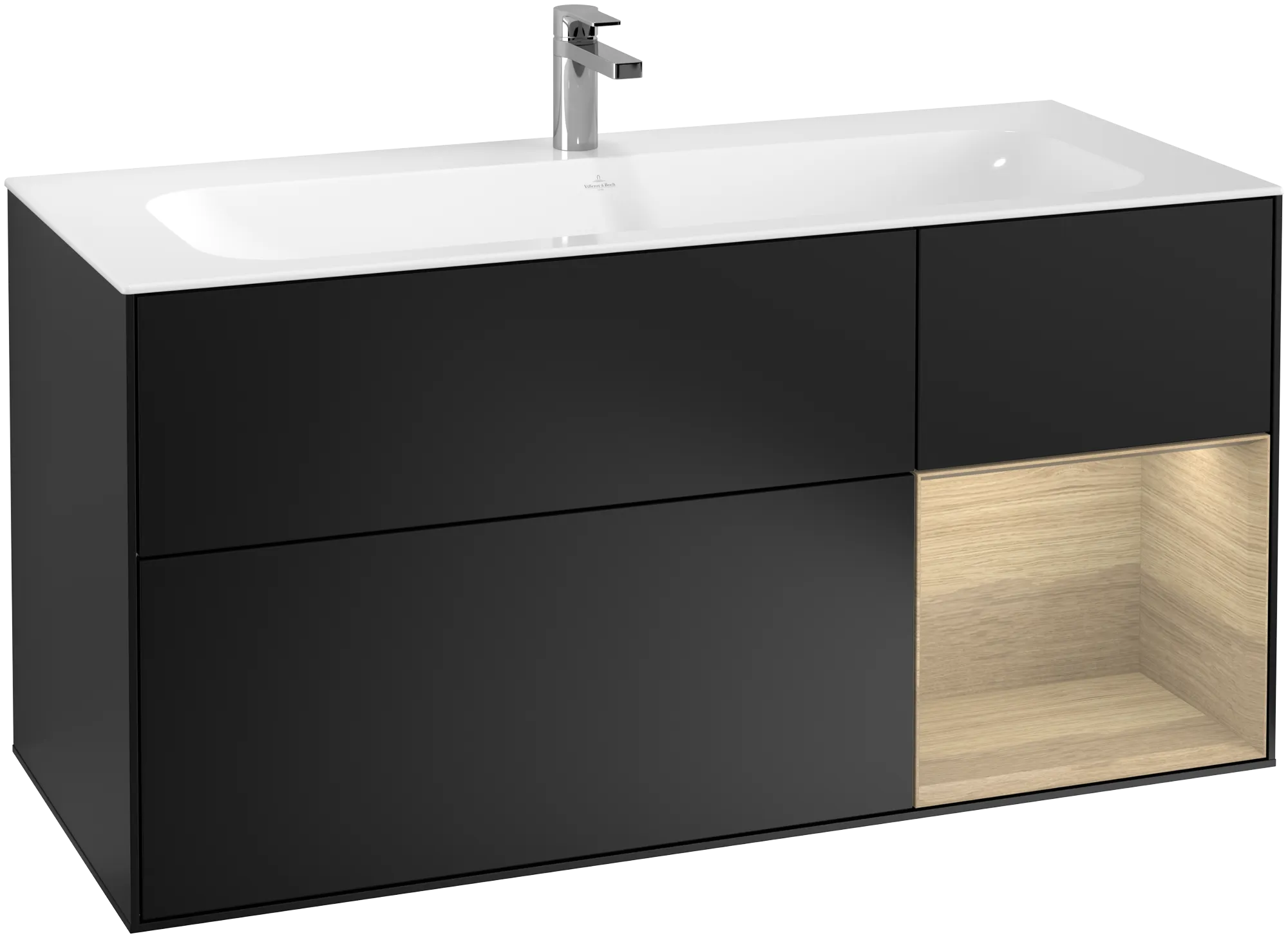 Picture of VILLEROY BOCH Finion Vanity unit, with lighting, 3 pull-out compartments, 1196 x 591 x 498 mm, Black Matt Lacquer / Oak Veneer #G070PCPD
