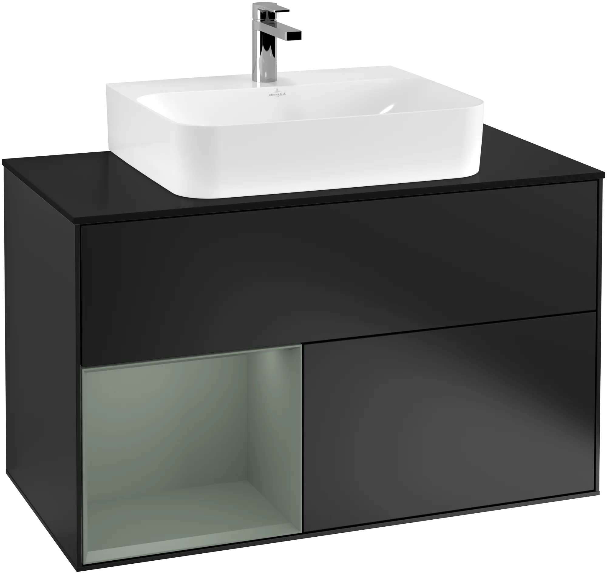 Picture of VILLEROY BOCH Finion Vanity unit, with lighting, 2 pull-out compartments, 1000 x 603 x 501 mm, Black Matt Lacquer / Olive Matt Lacquer / Glass Black Matt #G112GMPD