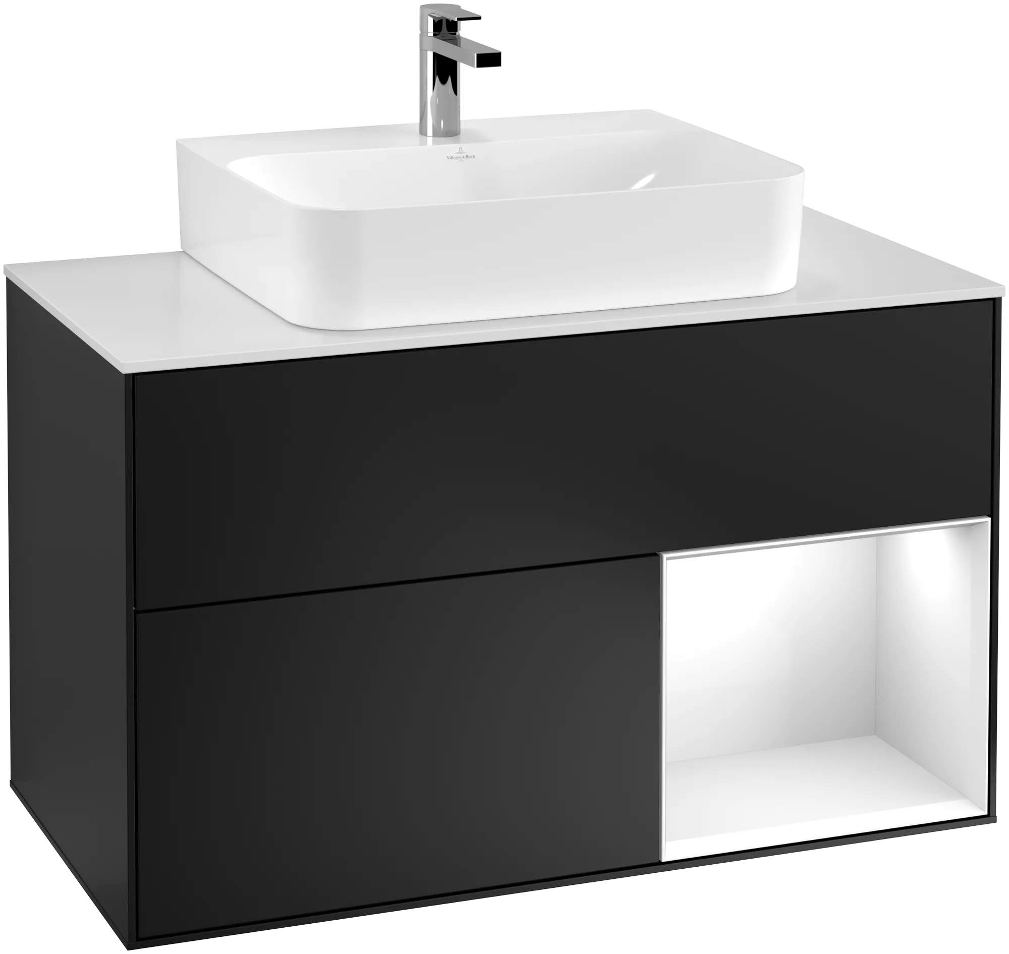 Obrázek VILLEROY BOCH Finion Vanity unit, with lighting, 2 pull-out compartments, 1000 x 603 x 501 mm, Black Matt Lacquer / Glossy White Lacquer / Glass White Matt #G121GFPD