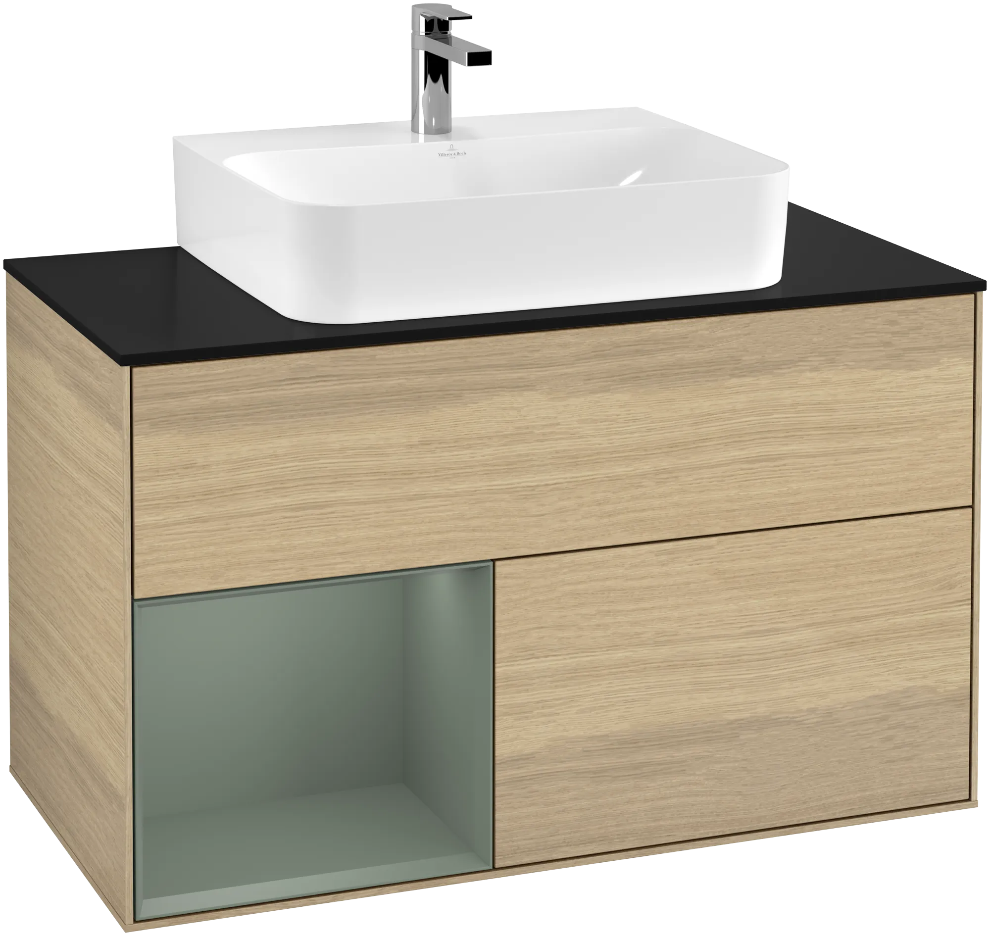Picture of VILLEROY BOCH Finion Vanity unit, with lighting, 2 pull-out compartments, 1000 x 603 x 501 mm, Oak Veneer / Olive Matt Lacquer / Glass Black Matt #G112GMPC