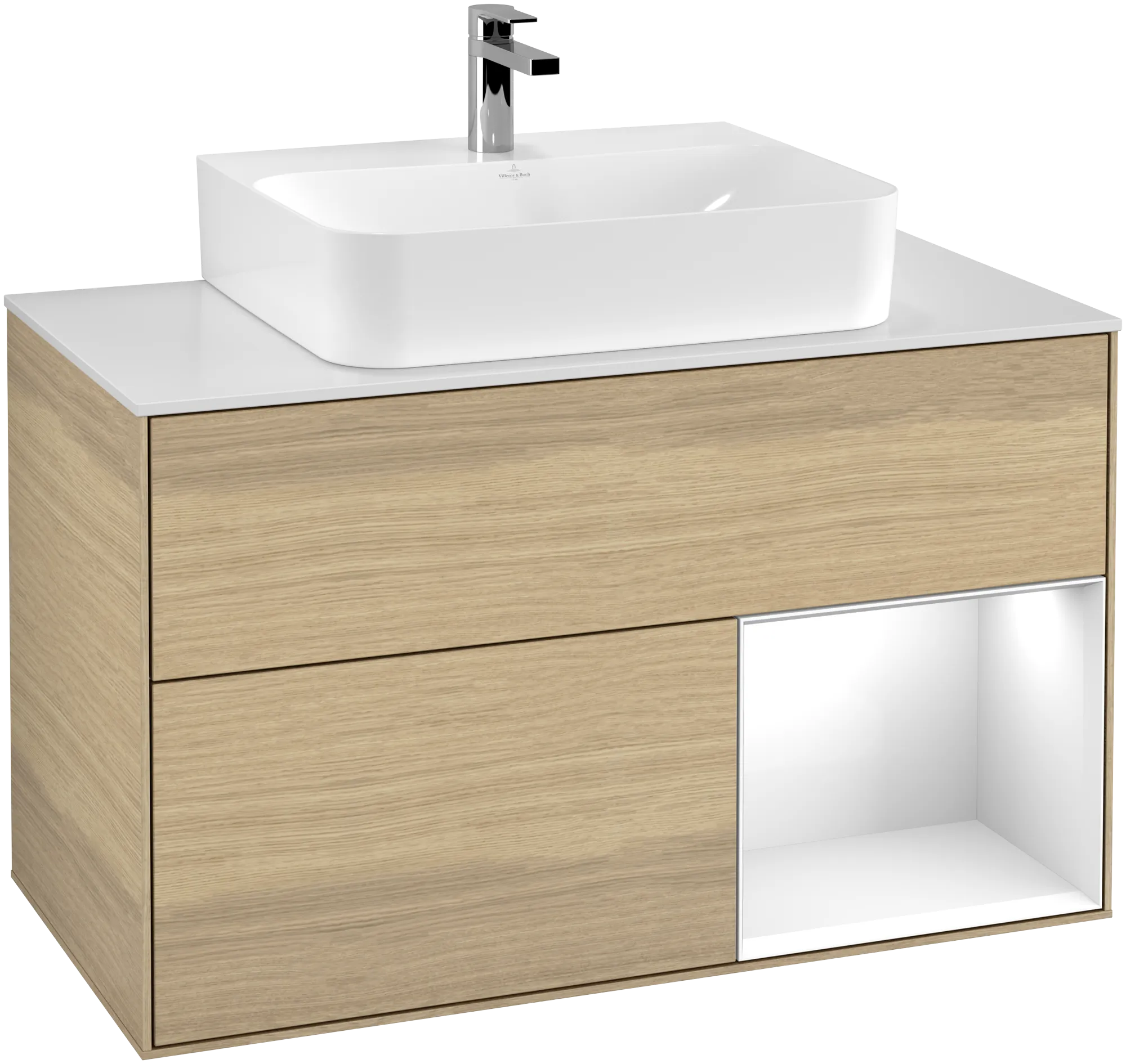 Picture of VILLEROY BOCH Finion Vanity unit, with lighting, 2 pull-out compartments, 1000 x 603 x 501 mm, Oak Veneer / Glossy White Lacquer / Glass White Matt #G121GFPC