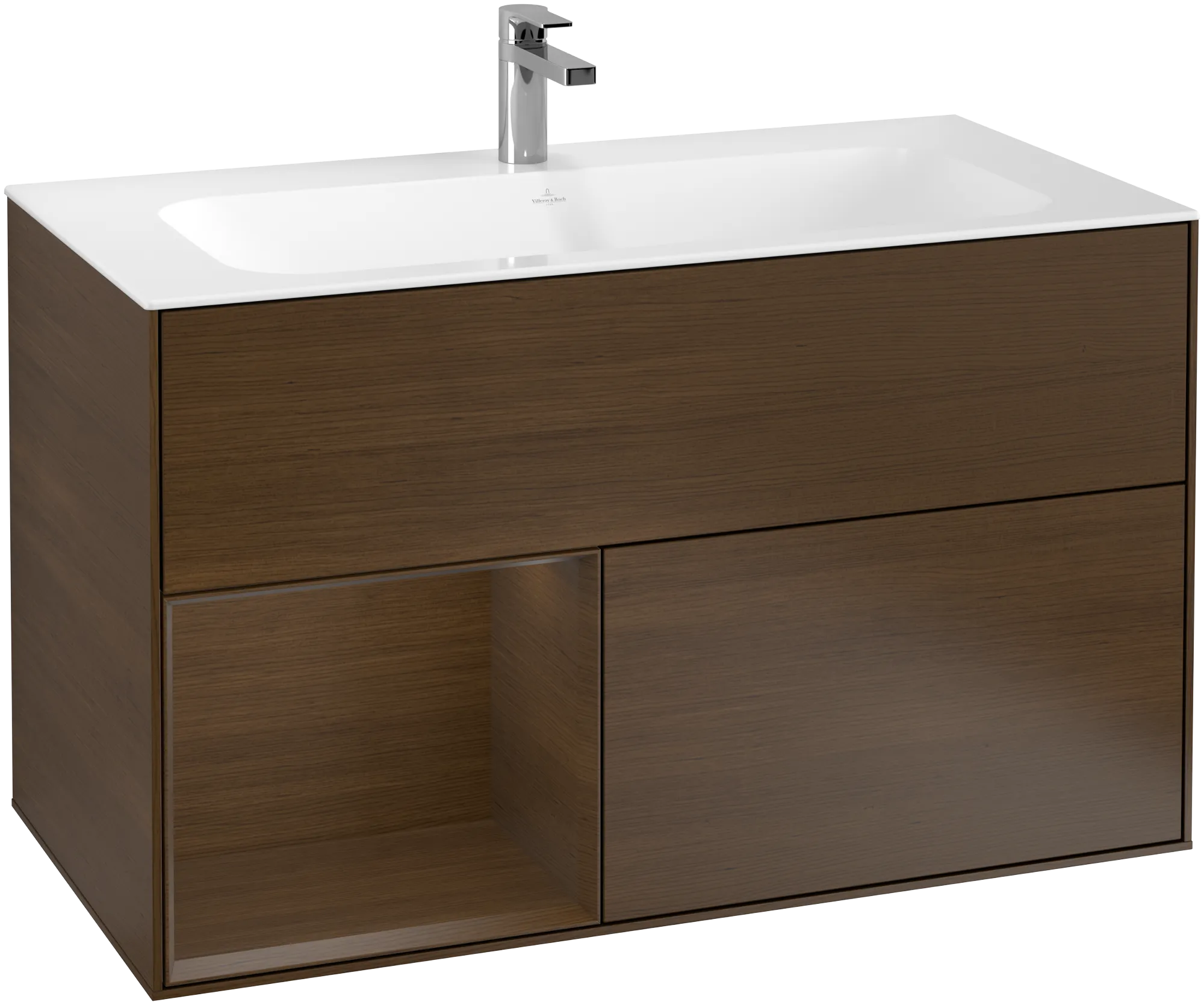 Picture of VILLEROY BOCH Finion Vanity unit, with lighting, 2 pull-out compartments, 996 x 591 x 498 mm, Walnut Veneer / Walnut Veneer #G030GNGN