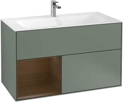 Picture of VILLEROY BOCH Finion Vanity unit, with lighting, 2 pull-out compartments, 996 x 591 x 498 mm, Olive Matt Lacquer / Walnut Veneer #G030GNGM