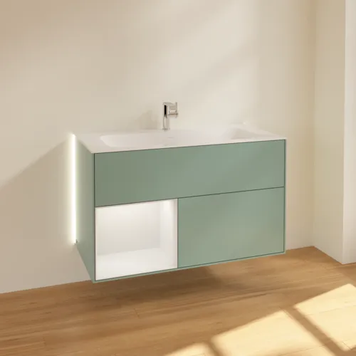 Bild von VILLEROY BOCH Finion Waschbeckenunterschrank, mit Beleuchtung, 2 Auszüge, 996 x 591 x 498 mm, Olive Matt Lacquer / Walnut Veneer #G030GNGM